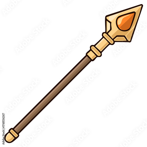 Cartoon golden spear with brown wooden shaft and decorative gem point for fantasy games