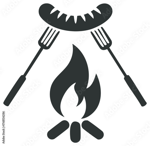 Sausage cooking over campfire on forks simple icon for outdoor cooking and grilling