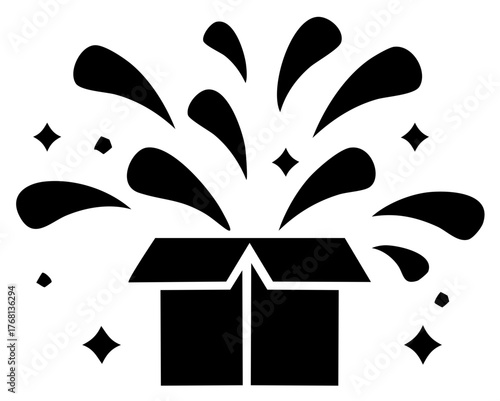 Surprise Box Icon with Confetti Burst Black Silhouette Celebration Festive Package Opening Unexpected Gift