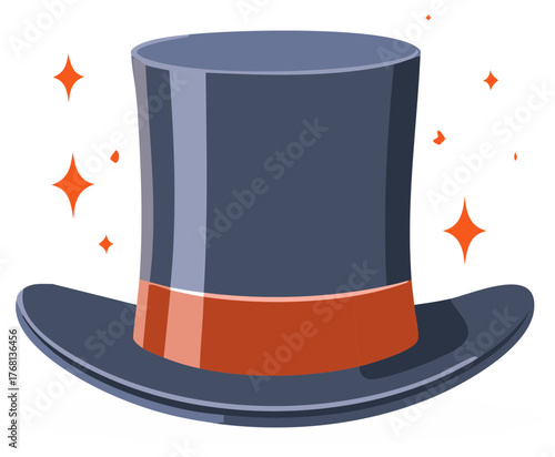 Elegant navy top hat with orange ribbon and sparkling stars, perfect for formal events or magicians