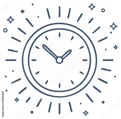 Outline drawing of a clock with radiating lines and stars indicating urgency or precision time