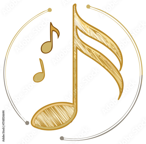Golden musical notes and clef with decorative circular frame and dots