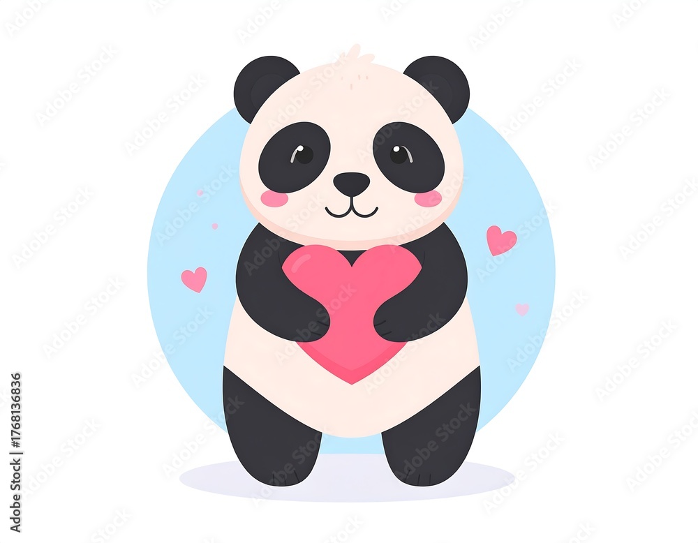 Naklejka premium Adorable cartoon panda holding a pink heart, surrounded by love