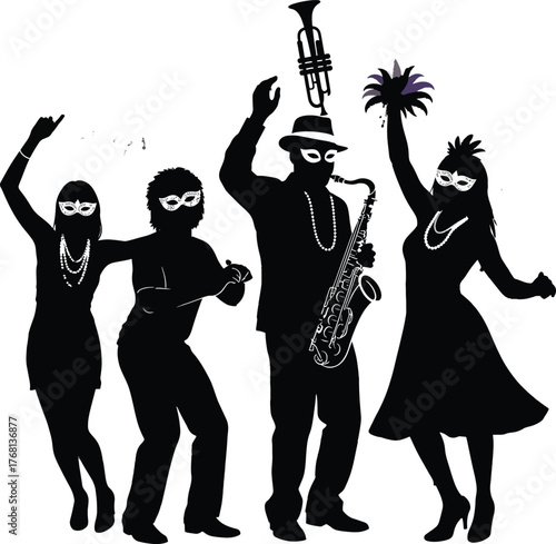 Black silhouette group of four people dancing in masquerade masks and Mardi Gras beads one playing saxophone with trumpet floating above head on white background