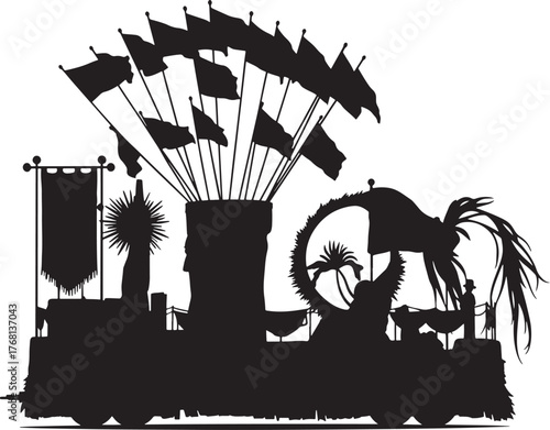 Black silhouette highly decorated Mardi Gras parade float with multiple flags and mythic creatures on white background