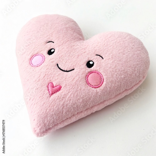 Soft Pink Heart Pillow with Cute Face on White Background