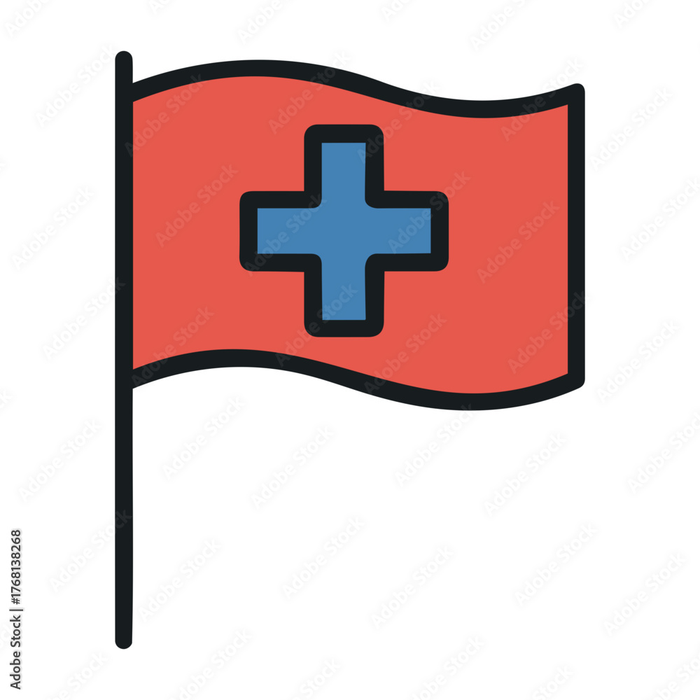 Obraz premium Vector illustration of a red flag with a blue cross on a pole waving in the wind gently today