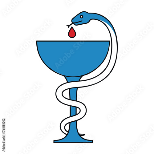 Vector illustration of a blue bowl with a snake wrapped around it and a drop of blood falling