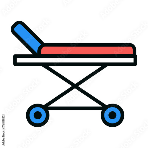 Vector illustration of a medical gurney with red padding and blue headrest in a hospital setting