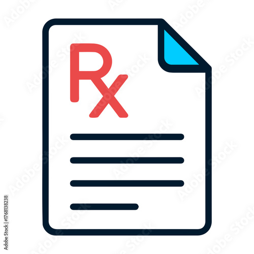 Vector illustration of a prescription document with red rx symbol and blue corner fold detail