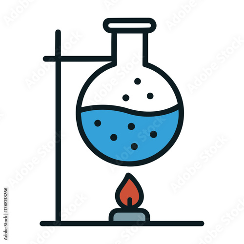 Vector illustration of a round bottom flask with blue liquid being heated by a flame source