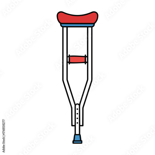 Vector illustration of a single red and blue forearm crutch with a black outline on transparent background