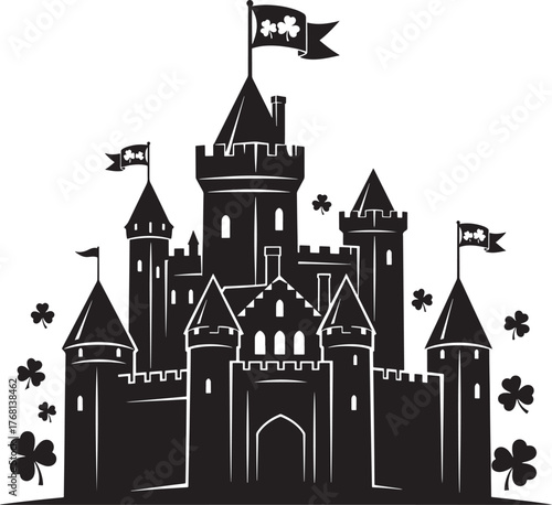 Black silhouette elaborate castle with flags featuring shamrocks surrounded by floating shamrocks for St Patrick's Day on white background