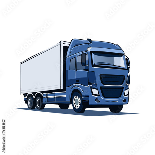 Modern blue semi-trailer truck with a large white cargo box moving forward