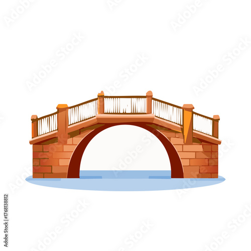 Arch Stone Bridge over Canal Waterway with Ornamental Railings, Cartoon Style