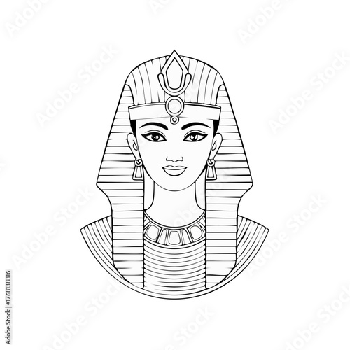 Egyptian Pharaoh head illustration with traditional headdress and jewelry line art