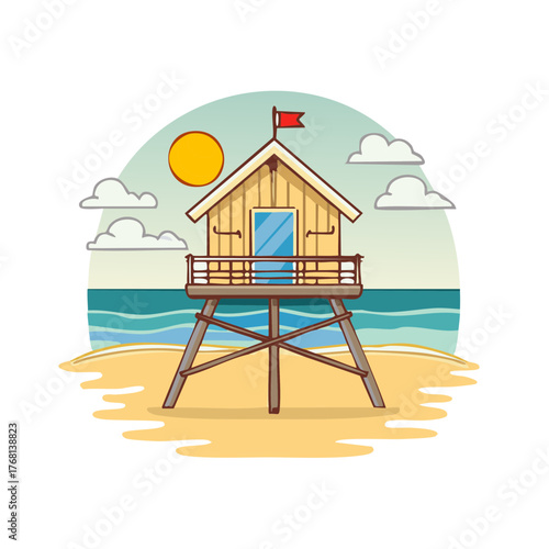 Illustration of a lifeguard hut on the beach with sun, clouds, and ocean waves
