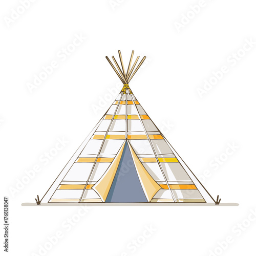 Stylized conical tent with open entrance and wooden poles on white background