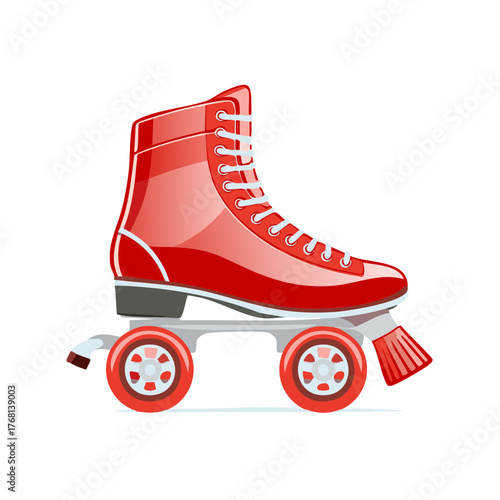Red Roller Skate Classic Style with White Laces and Wheels Isolated