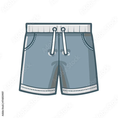 Cartoon illustration of a blue shorts with a white drawstring and detailing.