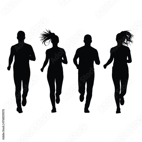 Dynamic silhouettes of four runners in motion capturing athleticism and speed silhouette