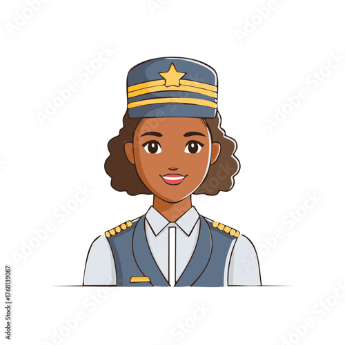 African American woman pilot captain in uniform smiling professional cartoon portrait