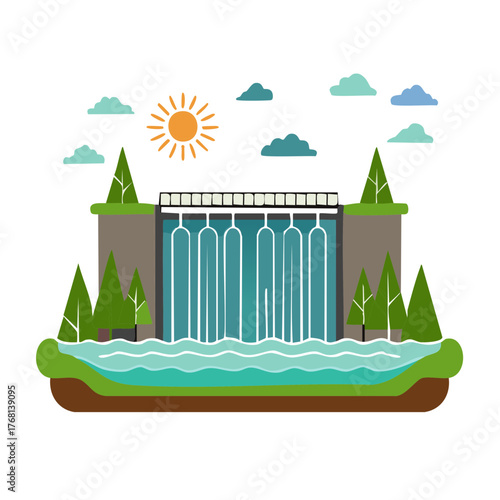 Colorful cartoon dam generating hydropower with flowing water surrounded by green trees and bright sun