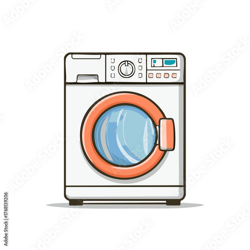 Front Loading White Laundry Washer with Orange Trim on White Background Home Appliance Cartoon Vector