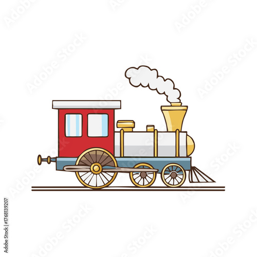 Cute classic steam locomotive engine illustration with smoke puffing on railway tracks
