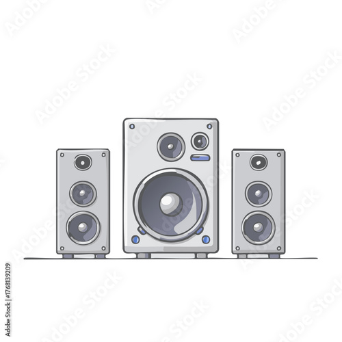 Illustration of Three Speaker System, Front View, Cartoon Style