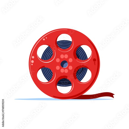 Red Movie Film Reel with Film Strip Vintage Media Concept Illustration
