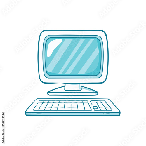 Cartoon style illustration of desktop computer with monitor and keyboard on white background.
