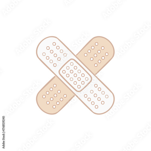 Two crossed beige adhesive bandages representing first aid, wound care, protection, and healing.