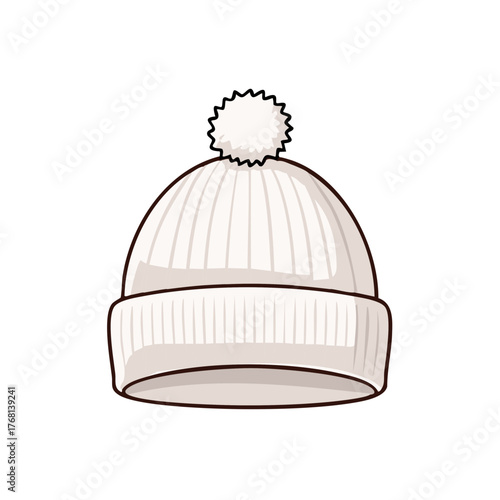 Cozy white knitted wool beanie hat with a fluffy pompom winter accessory. Simple vector illustration.
