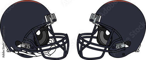 Navy blue American football helmet with a dark blue facemask. Helmets with and without a chin strap