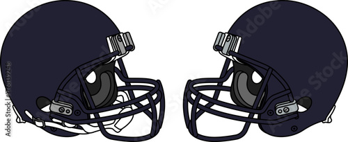 Dark blue American football helmet with a darl blue facemask. Helmets with and without a chin strap