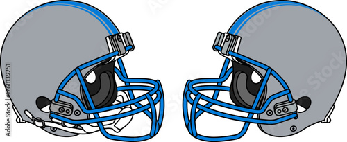 Gray American football helmet with a blue facemask. Helmets with and without a chin strap