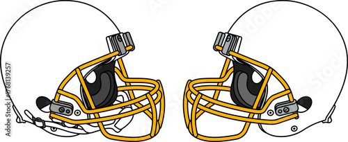White American football helmet with a yellow facemask. Helmets with and without a chin strap