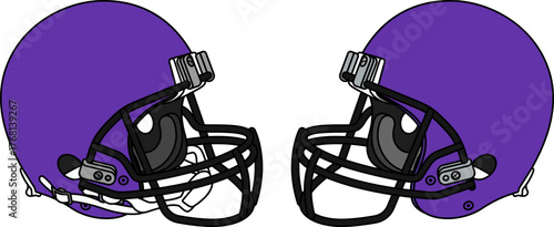 Violet American football helmet with a black facemask. Helmets with and without a chin strap
