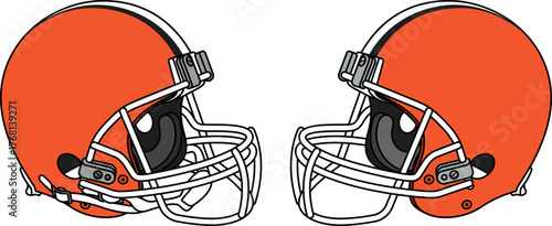 Orange American football helmet with a whitefacemask. Helmets with and without a chin strap