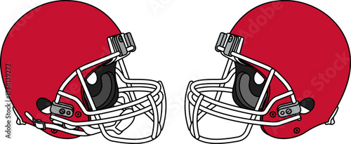 Red American football helmet with a white facemask. Helmets with and without a chin strap