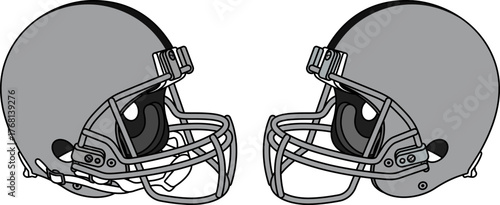 Gray American football helmet with a gray facemask. Helmets with and without a chin strap