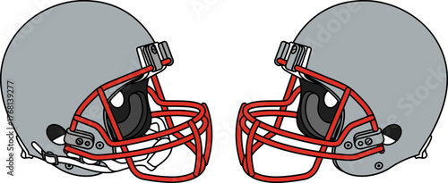 Gray American football helmet with a red facemask. Helmets with and without a chin strap