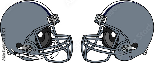 Gray American football helmet with a gray facemask. Helmets with and without a chin strap