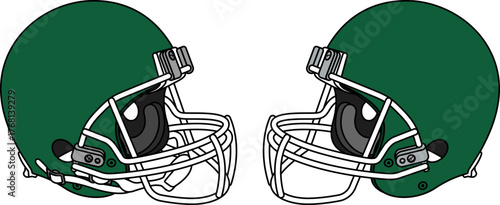 Green American football helmet with a white facemask. Helmets with and without a chin strap
