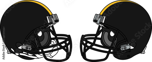 Black American football helmet with a black facemask. Helmets with and without a chin strap