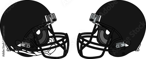 Black American football helmet with a black facemask. Helmets with and without a chin strap