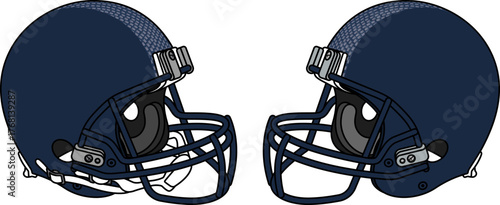 Navy blue American football helmet with a navy blue facemask. Helmets with and without a chin strap