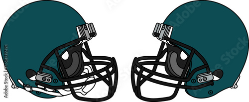 Midnight green American football helmet with a black facemask. Helmets with and without a chin strap