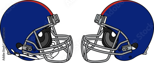 Blue American football helmet with a gray facemask. Helmets with and without a chin strap